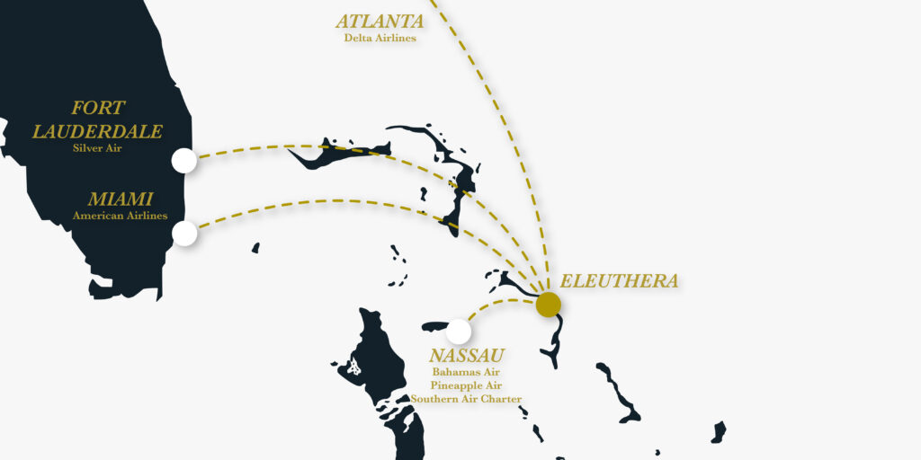 Map showing flights from Atlanta, Miami, Ft Lauderdale and Nassau to Eleuthera